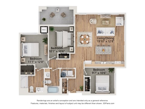 Floor plan for 3 beds, 2 baths, 1146 sqft
